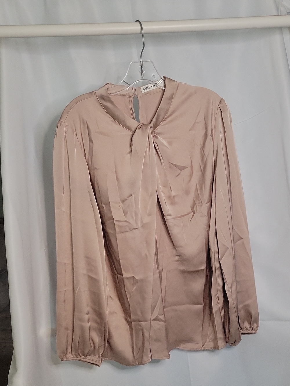 Grace Karin Blush Taupe Satin Tie-Neck Blouse